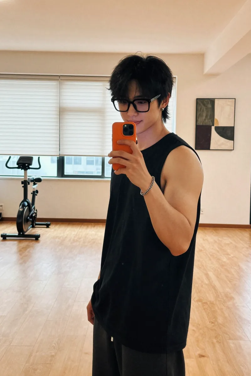 민소매 차림의 관리사가 거울 앞에서 찍은 사진