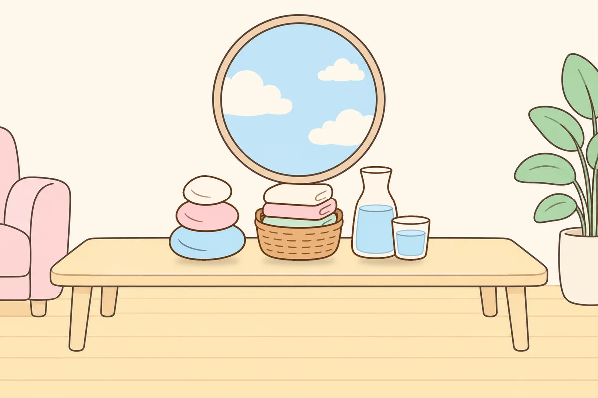 강남 여성전용 경락마사지 후기 안내 그림, 거실 원목 테이블 위의 조약돌, 수건 바구니, 물병