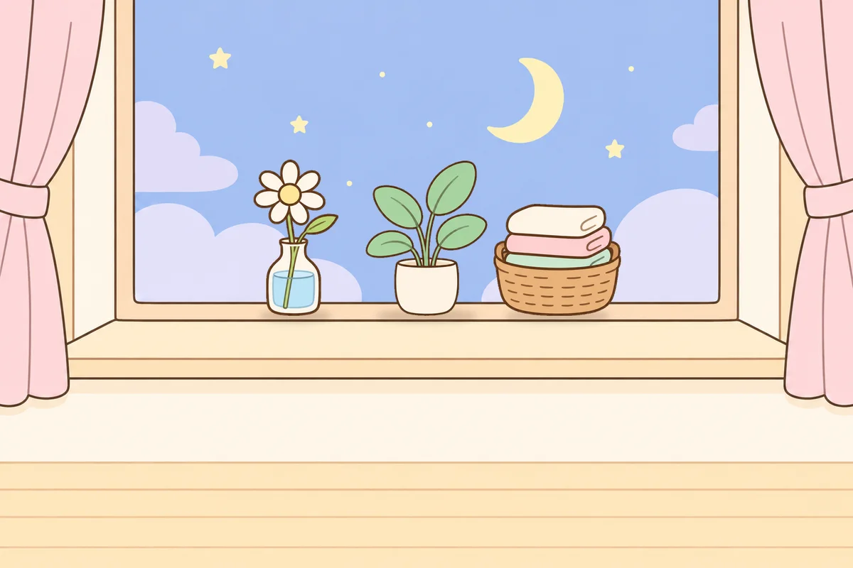 서초 여성전용 스웨디시 홈케어 안내 그림, 밤 창가 창턱 위의 데이지 꽃병, 화분, 수건 바구니