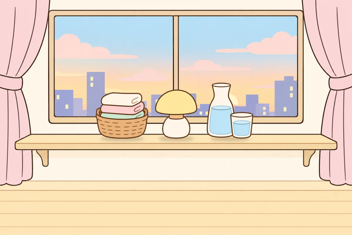 서초 여성전용 라벤더 아로마 안내 그림, 호텔 창가 선반 위의 수건 바구니, 무드등, 물병