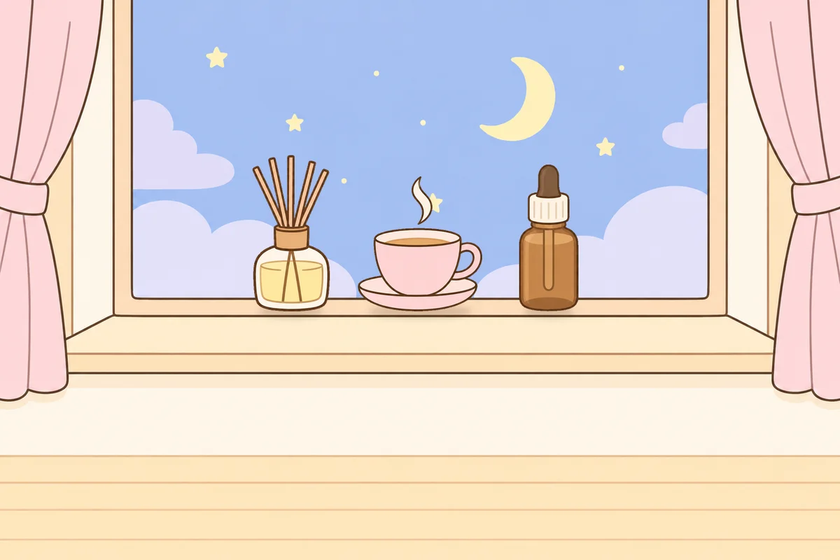 서초 여성전용 아로마 마사지 후기 안내 그림, 밤 창가 창턱 위의 디퓨저, 찻잔, 오일병