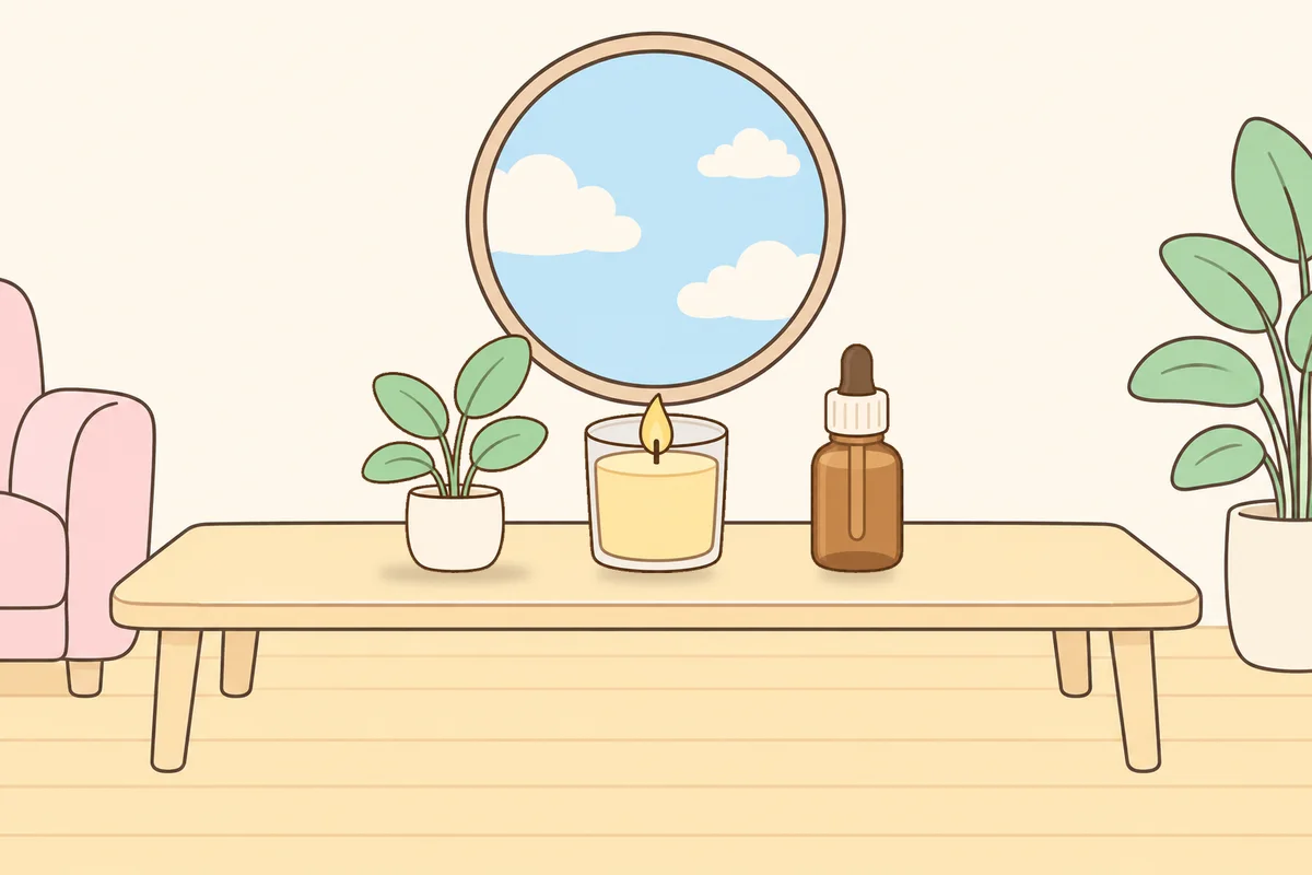 서초 여성전용 경락 마사지 안내 그림, 거실 원목 테이블 위의 화분, 향초, 오일병