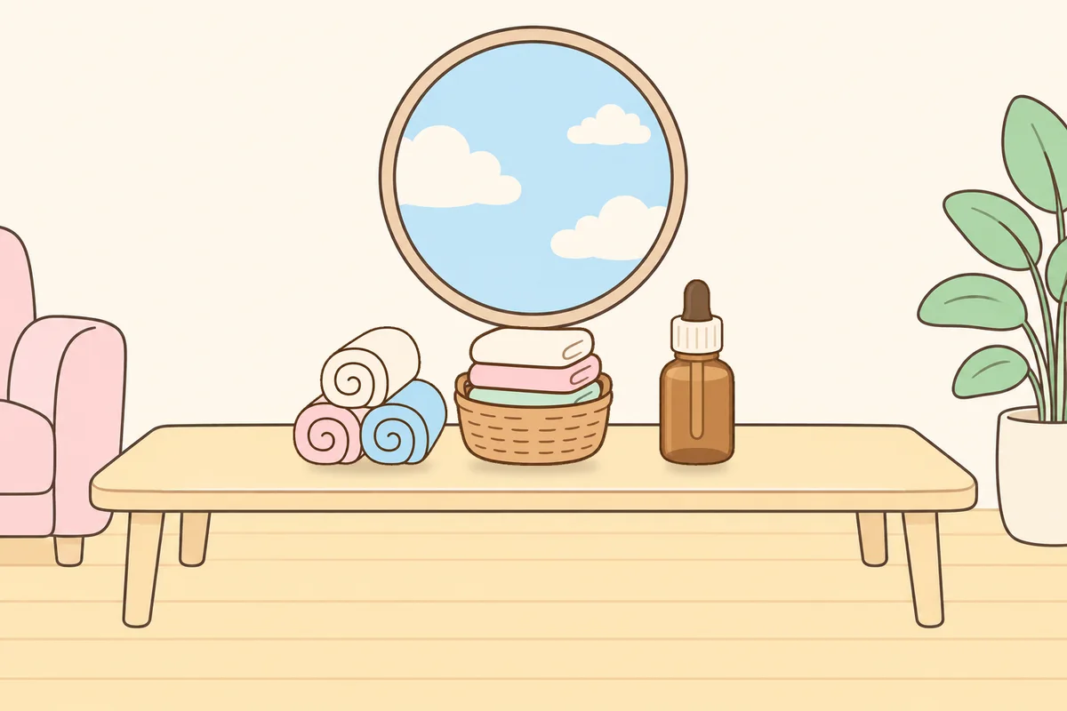 서초 여성전용 홈케어 서비스 안내 그림, 거실 원목 테이블 위의 수건, 수건 바구니, 오일병