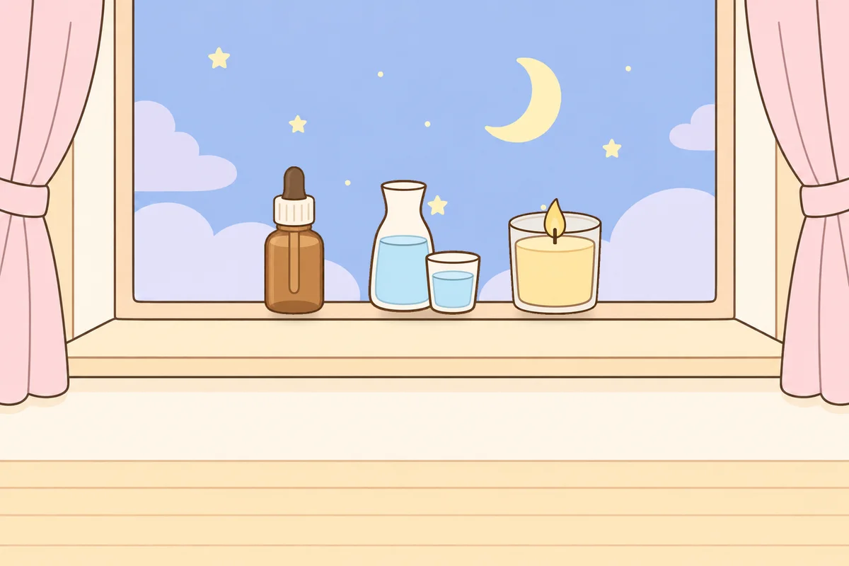 서초 여성전용 홈케어 추천 안내 그림, 밤 창가 창턱 위의 오일병, 물병, 향초