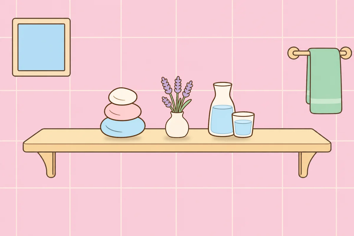 서초 여성전용 발 부종 케어 안내 그림, 파우더룸 선반 위의 조약돌, 라벤더 꽃병, 물병