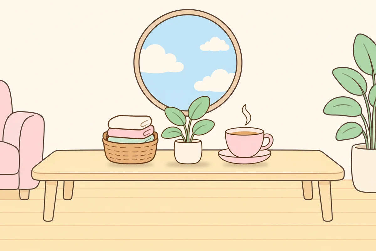 서초 여성전용 발관리 추천 안내 그림, 거실 원목 테이블 위의 수건 바구니, 화분, 찻잔