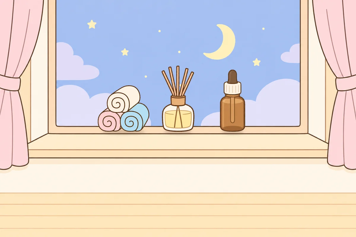 서초 여성전용 등 마사지 안내 그림, 밤 창가 창턱 위의 수건, 디퓨저, 오일병