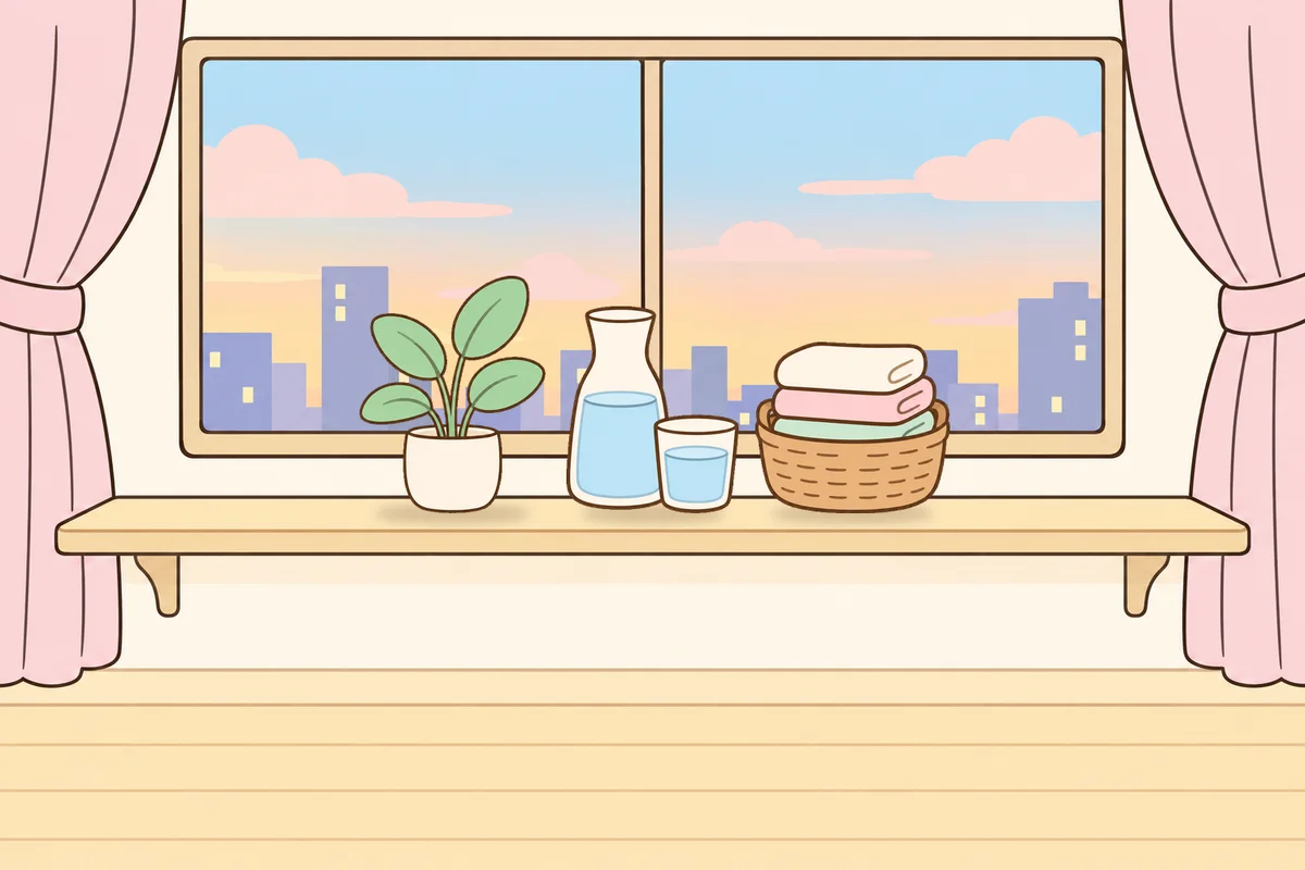 서초 여성전용 어깨 마사지 안내 그림, 호텔 창가 선반 위의 화분, 물병, 수건 바구니