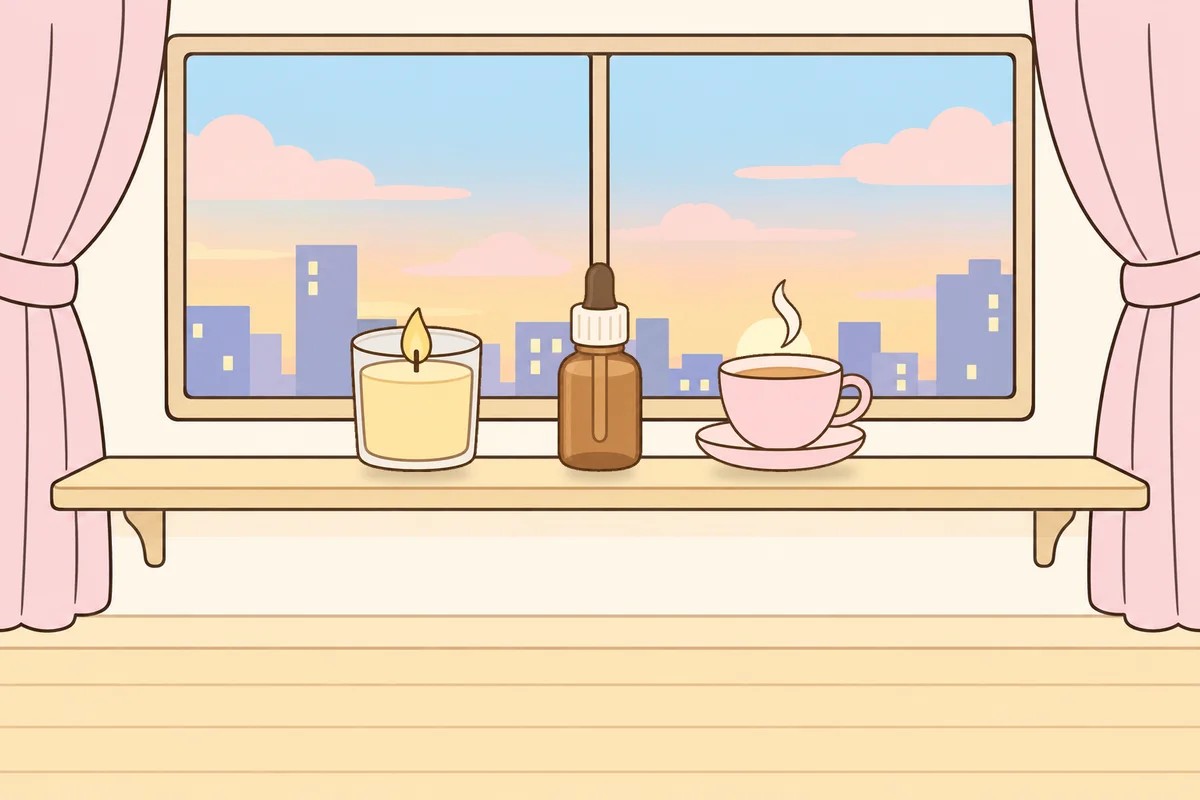 서초 여성전용 수면 케어 안내 그림, 호텔 창가 선반 위의 향초, 오일병, 찻잔