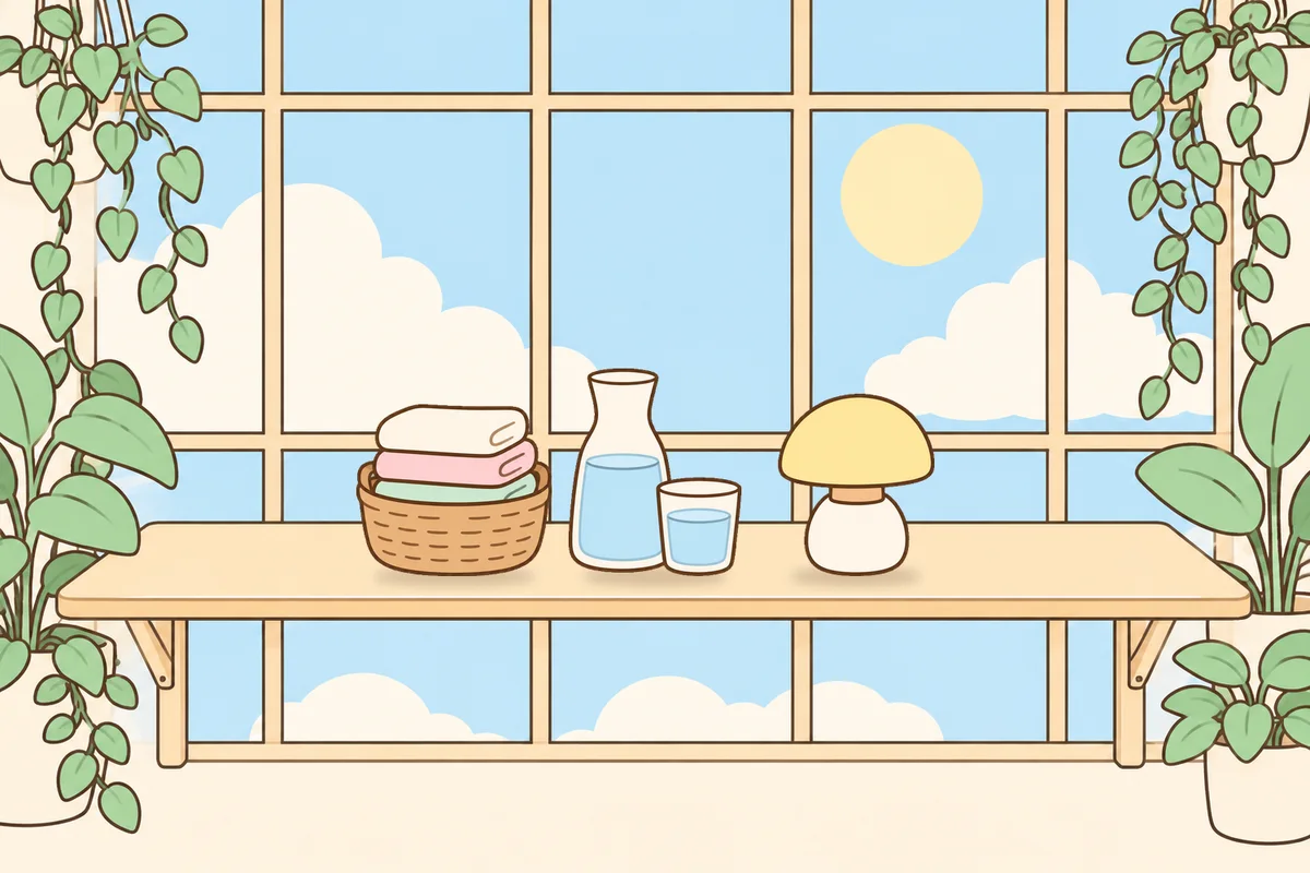 서초 여성전용 페이셜 마사지 안내 그림, 햇살 드는 창가 선반 위의 수건 바구니, 물병, 무드등