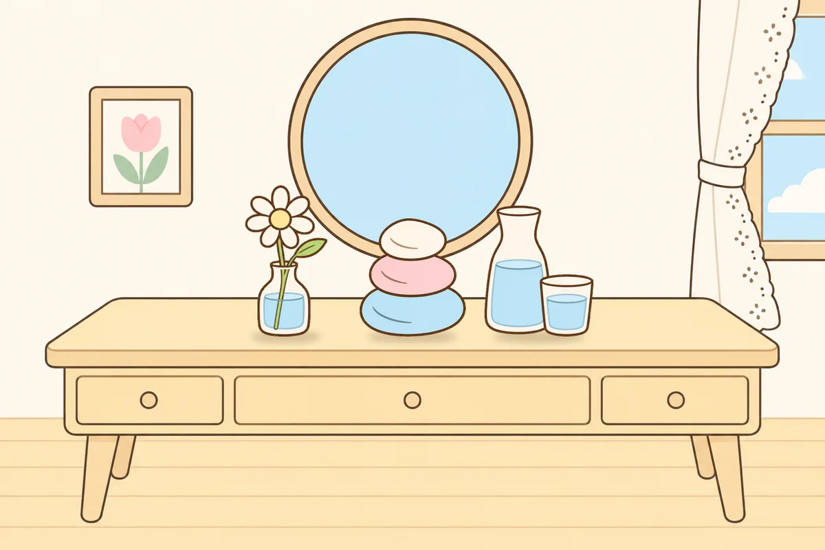 서초 여성전용 얼굴 마사지 안내 그림, 화장대 위의 데이지 꽃병, 조약돌, 물병