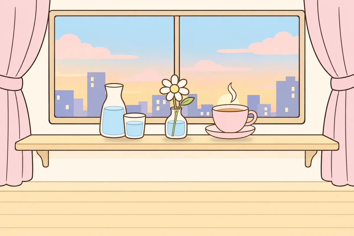서초 여성전용 피부 관리 안내 그림, 호텔 창가 선반 위의 물병, 데이지 꽃병, 찻잔