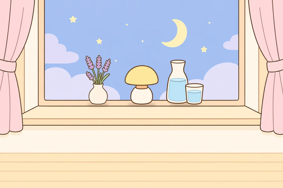 송파 여성전용 라벤더 아로마 안내 그림, 밤 창가 창턱 위의 라벤더 꽃병, 무드등, 물병
