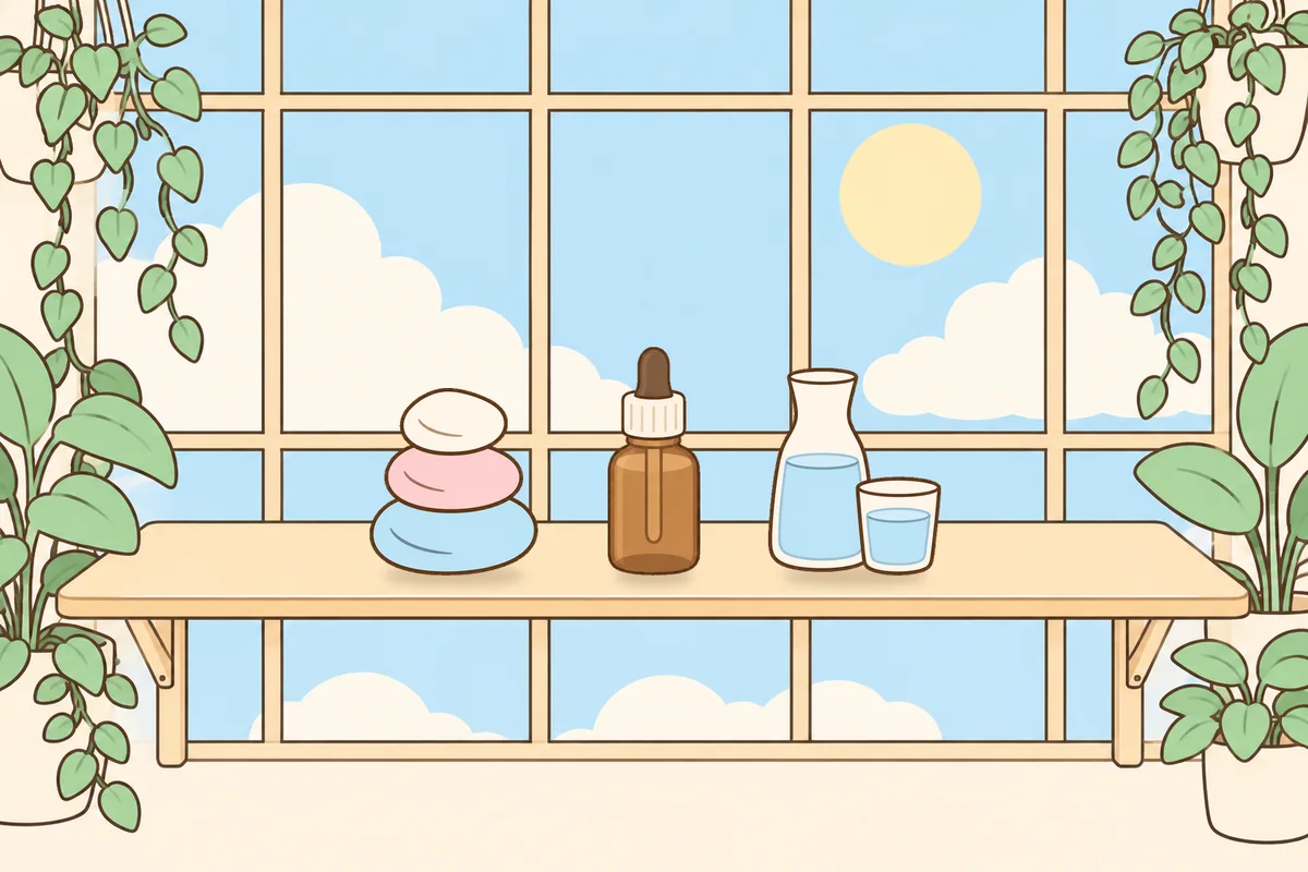 송파 여성전용 아로마 가격 안내 그림, 햇살 드는 창가 선반 위의 조약돌, 오일병, 물병