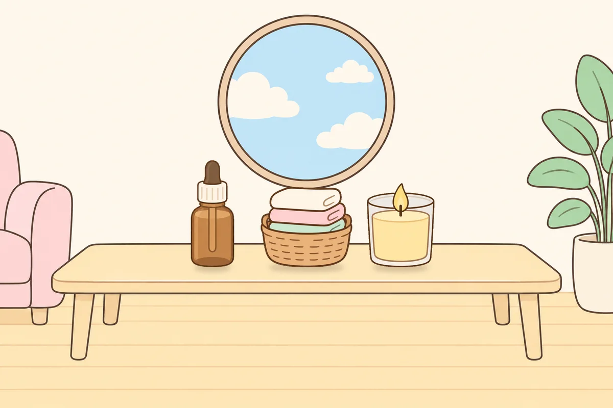 송파 여성전용 경락마사지 후기 안내 그림, 거실 원목 테이블 위의 오일병, 수건 바구니, 향초