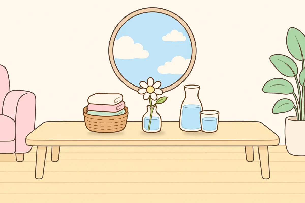 송파 여성전용 경락 추천 안내 그림, 거실 원목 테이블 위의 수건 바구니, 데이지 꽃병, 물병