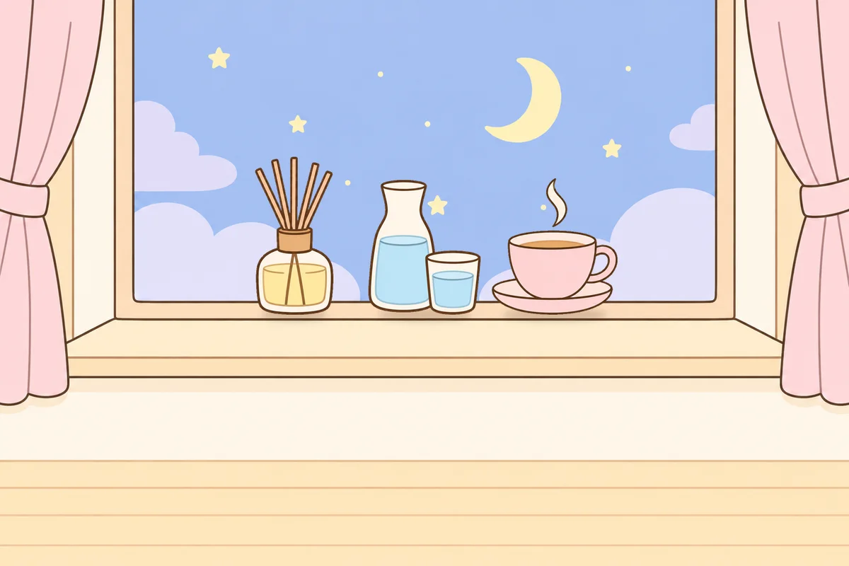 송파 여성전용 홈케어 추천 안내 그림, 밤 창가 창턱 위의 디퓨저, 물병, 찻잔