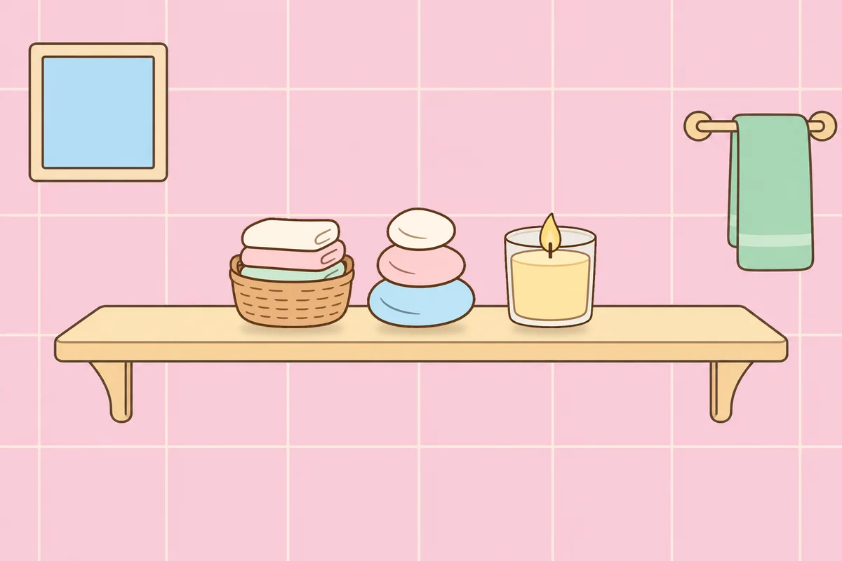 송파 여성전용 슬리밍 마사지 안내 그림, 파우더룸 선반 위의 수건 바구니, 조약돌, 향초