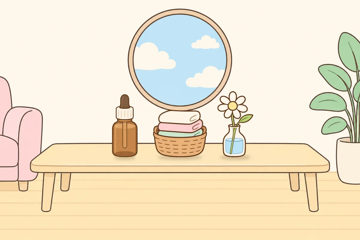 송파 여성전용 등 마사지 안내 그림, 거실 원목 테이블 위의 오일병, 수건 바구니, 데이지 꽃병