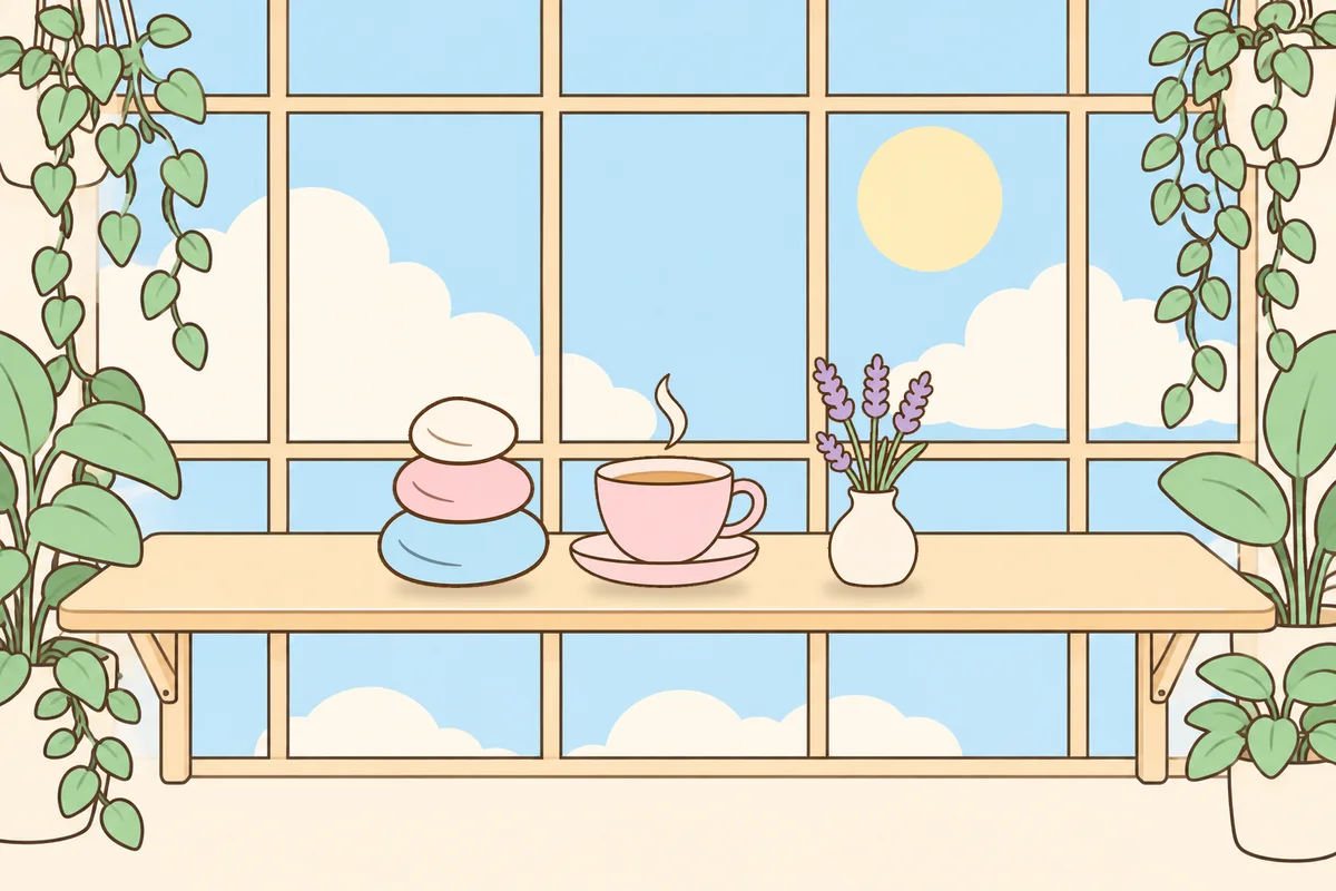 송파 여성전용 림프 페이셜 안내 그림, 햇살 드는 창가 선반 위의 조약돌, 찻잔, 라벤더 꽃병