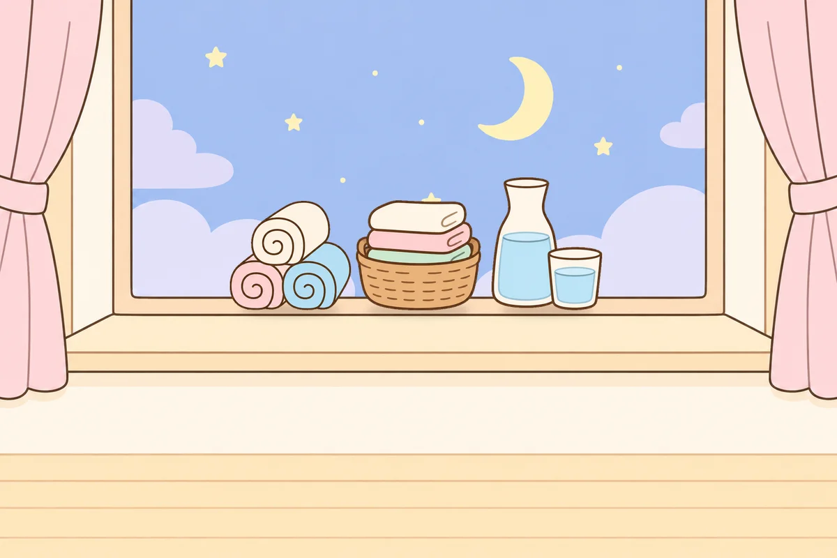 송파 여성전용 마사지 가격 안내 그림, 밤 창가 창턱 위의 수건, 수건 바구니, 물병
