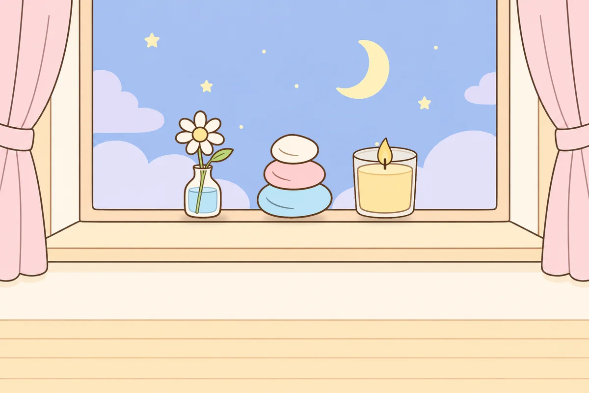강동 여성전용 디톡스 마사지 안내 그림, 밤 창가 창턱 위의 데이지 꽃병, 조약돌, 향초