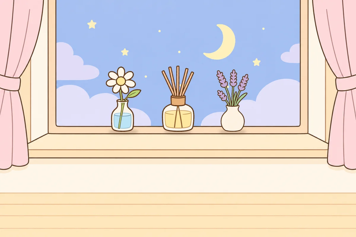 마포 여성전용 라벤더 아로마 안내 그림, 밤 창가 창턱 위의 데이지 꽃병, 디퓨저, 라벤더 꽃병