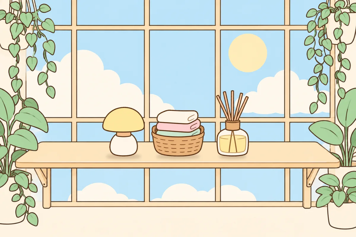 마포 여성전용 스웨디시 가격 안내 그림, 햇살 드는 창가 선반 위의 무드등, 수건 바구니, 디퓨저