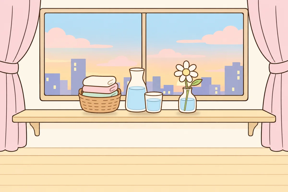 마포 여성전용 아로마 추천 안내 그림, 호텔 창가 선반 위의 수건 바구니, 물병, 데이지 꽃병