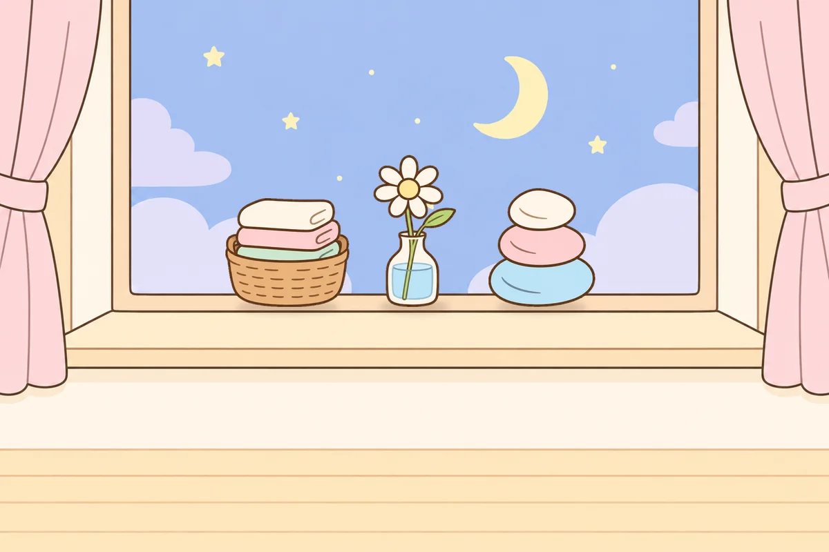 마포 여성전용 경락마사지 안내 그림, 밤 창가 창턱 위의 수건 바구니, 데이지 꽃병, 조약돌