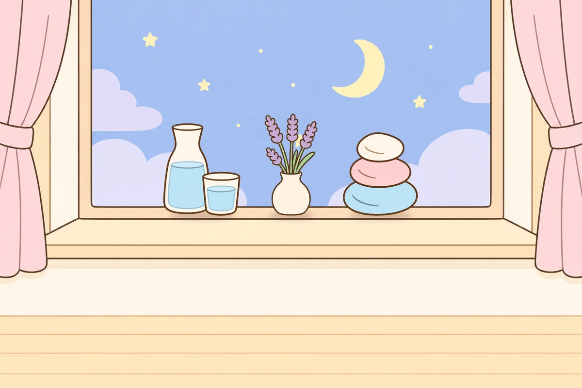 마포 여성전용 홈케어 안내 그림, 밤 창가 창턱 위의 물병, 라벤더 꽃병, 조약돌