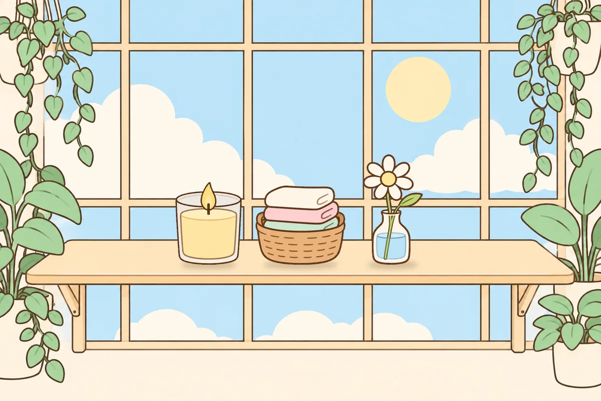 마포 여성전용 홈케어 서비스 안내 그림, 햇살 드는 창가 선반 위의 향초, 수건 바구니, 데이지 꽃병