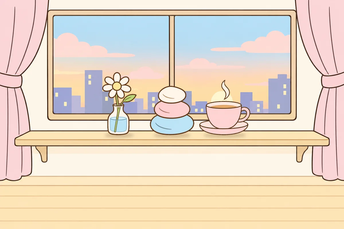 마포 여성전용 프라이빗 케어 안내 그림, 호텔 창가 선반 위의 데이지 꽃병, 조약돌, 찻잔