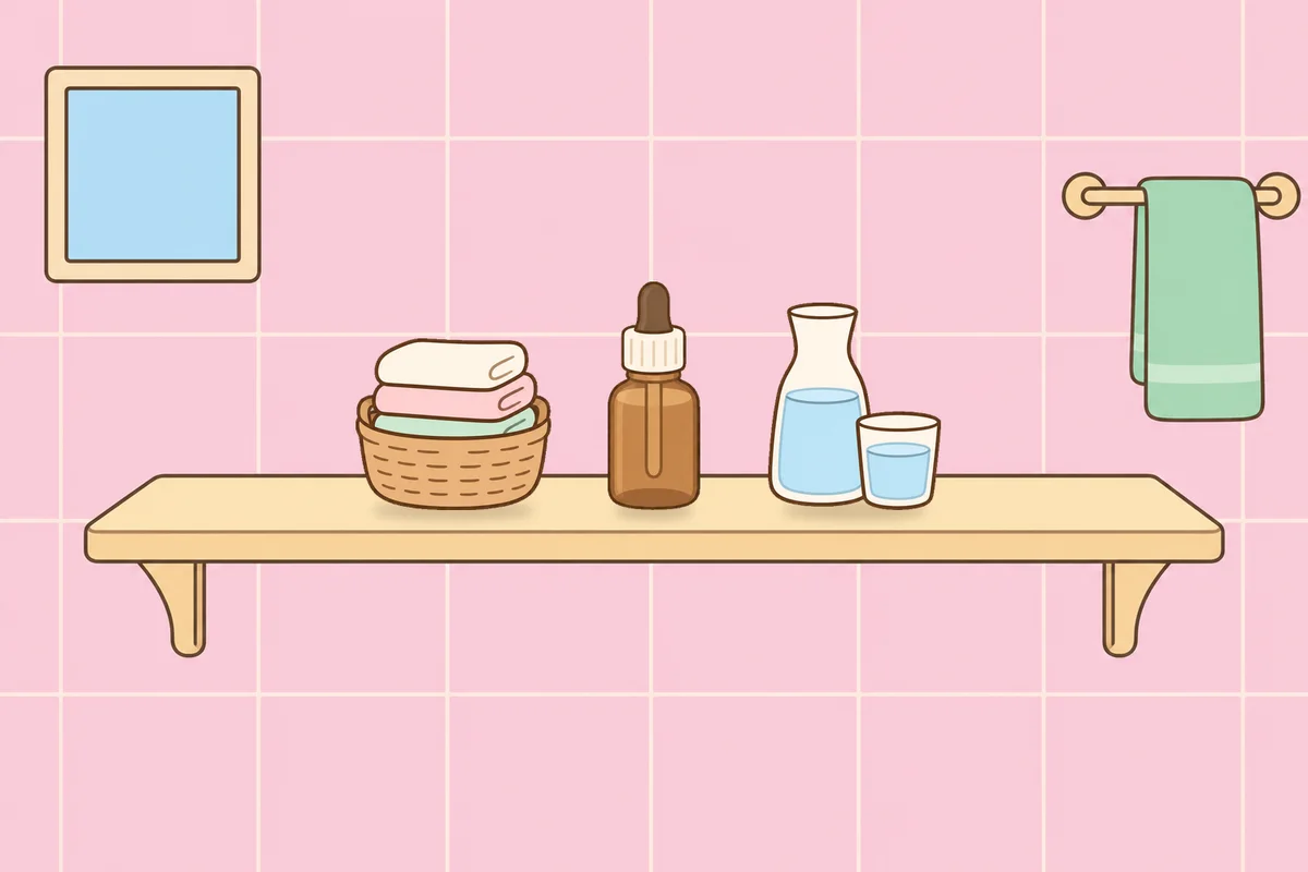 마포 여성전용 홈케어 후기 안내 그림, 파우더룸 선반 위의 수건 바구니, 오일병, 물병
