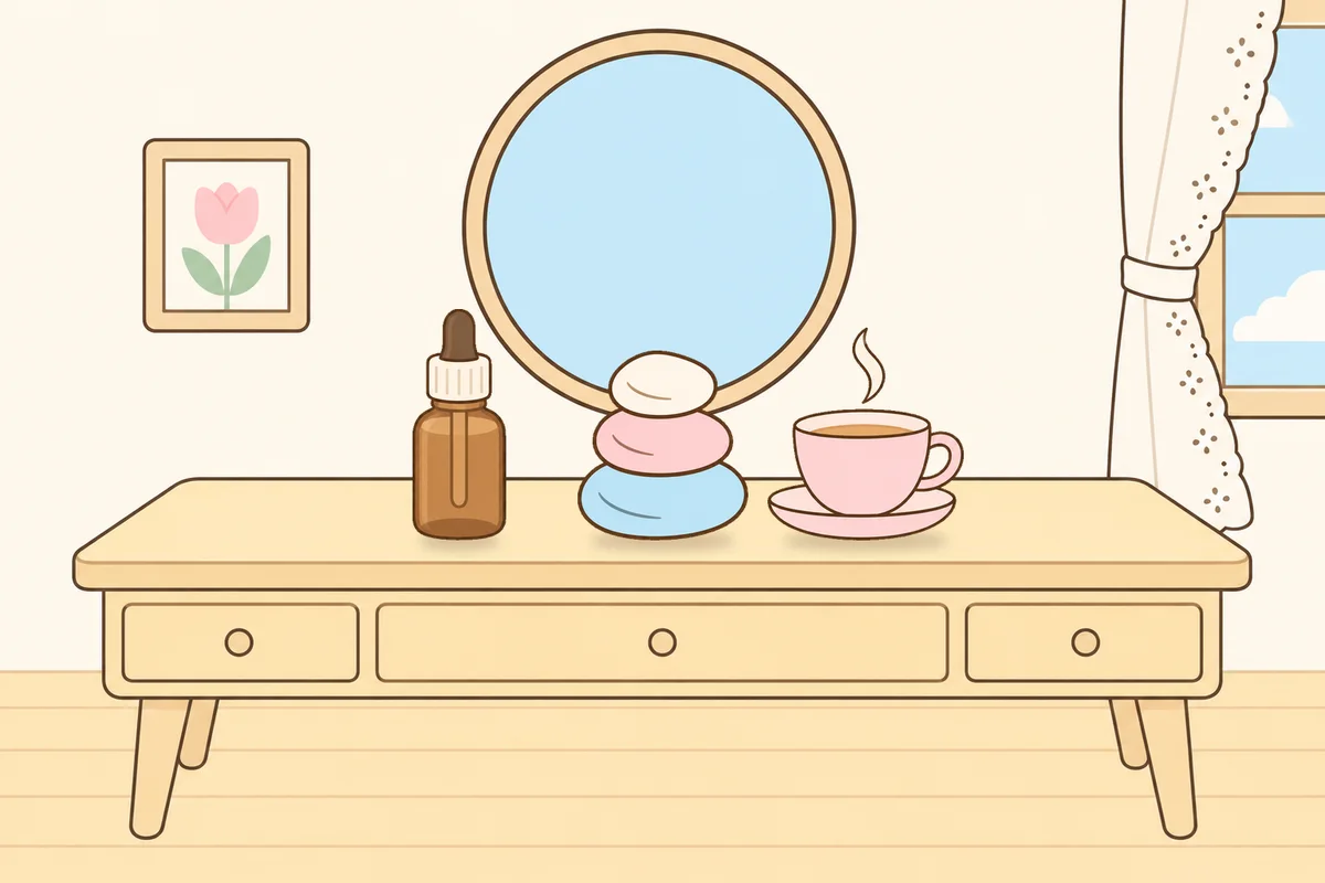 마포 여성전용 바디 케어 안내 그림, 화장대 위의 오일병, 조약돌, 찻잔