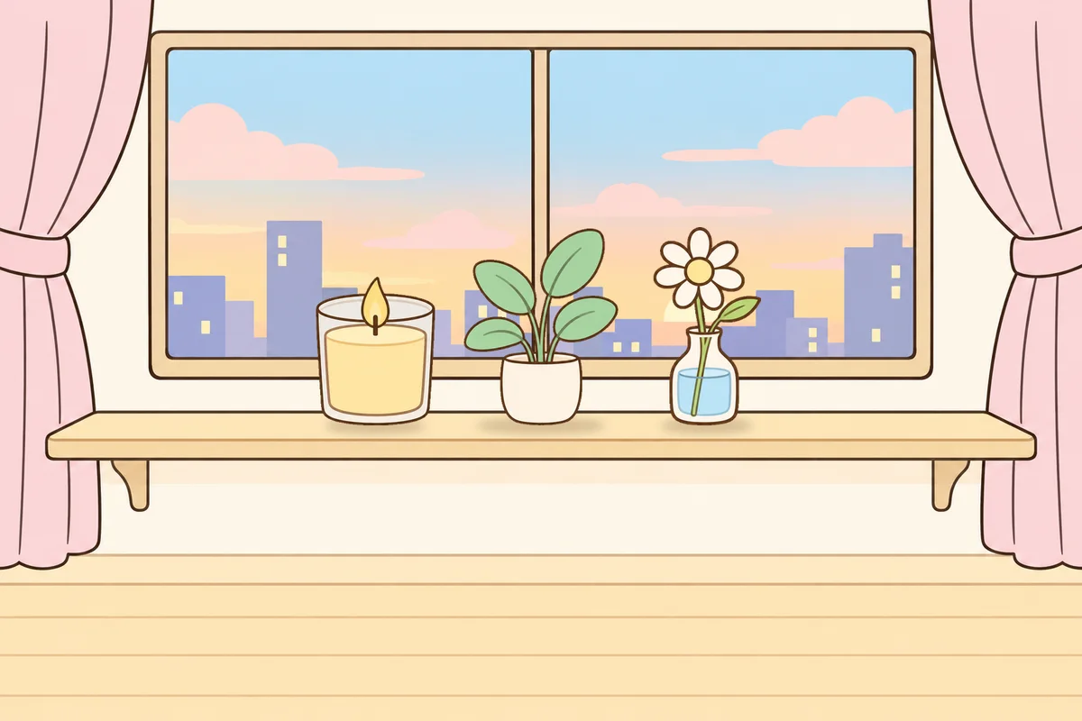 마포 여성전용 슬리밍 마사지 안내 그림, 호텔 창가 선반 위의 향초, 화분, 데이지 꽃병