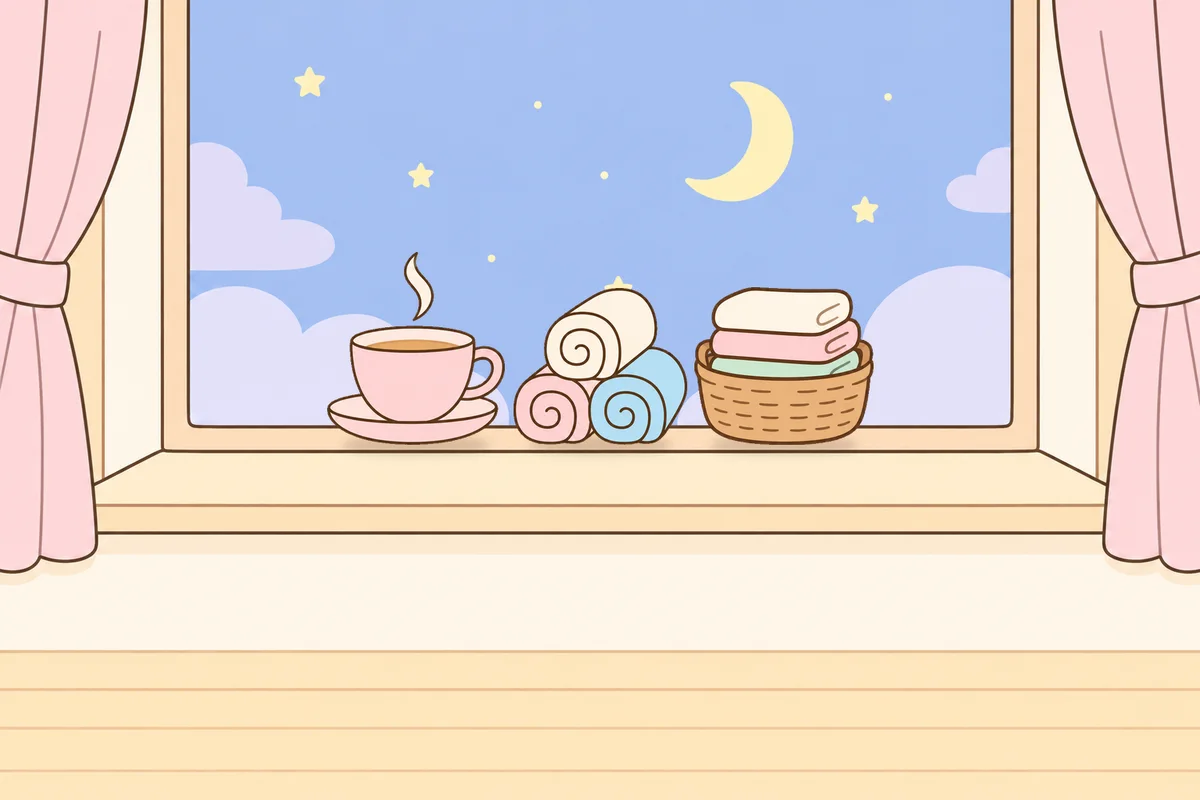 마포 여성전용 종아리 케어 안내 그림, 밤 창가 창턱 위의 찻잔, 수건, 수건 바구니