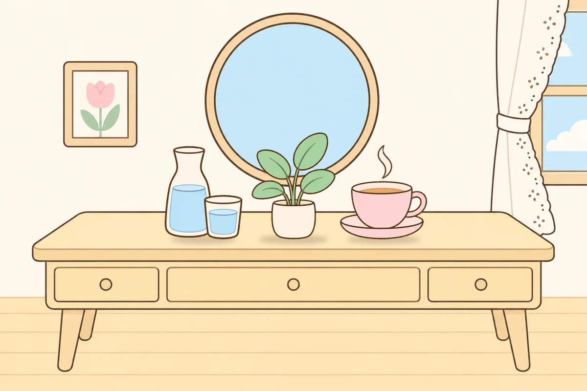 마포 여성전용 목 어깨 케어 안내 그림, 화장대 위의 물병, 화분, 찻잔