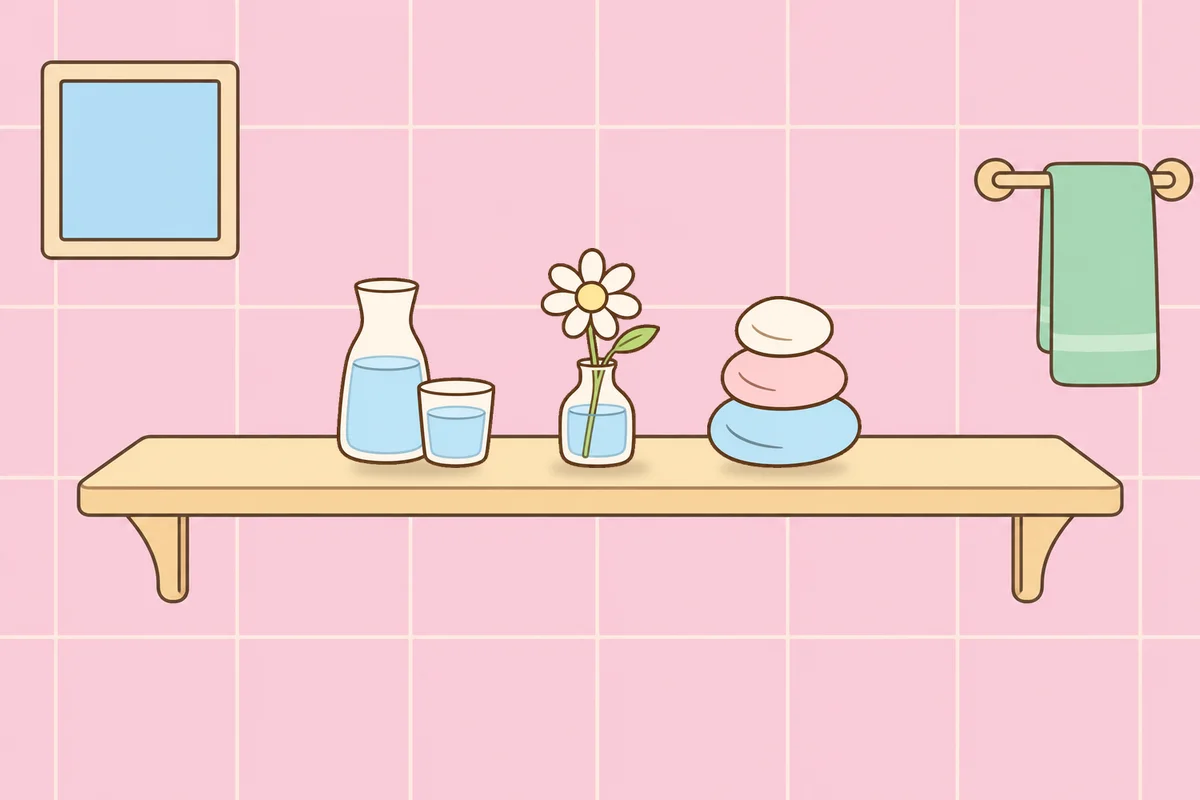 마포 여성전용 수면 케어 안내 그림, 파우더룸 선반 위의 물병, 데이지 꽃병, 조약돌