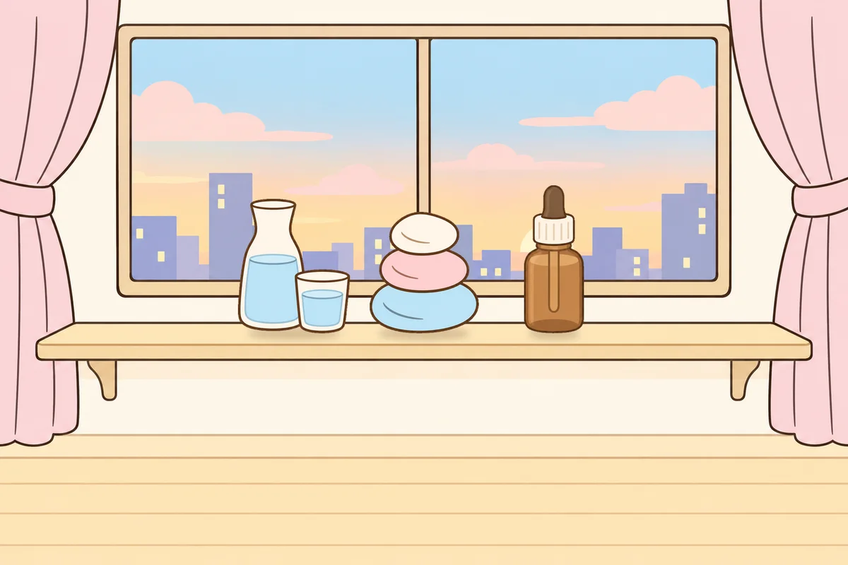 마포 여성전용 마사지 예약 안내 그림, 호텔 창가 선반 위의 물병, 조약돌, 오일병