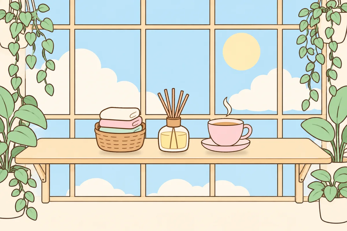 마포 여성전용 마사지 후기 안내 그림, 햇살 드는 창가 선반 위의 수건 바구니, 디퓨저, 찻잔