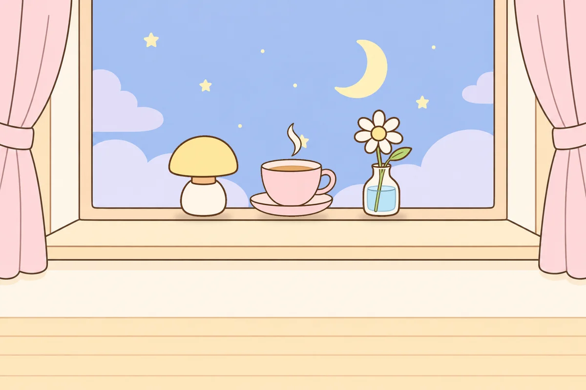 용산 여성전용 아로마 마사지 안내 그림, 밤 창가 창턱 위의 무드등, 찻잔, 데이지 꽃병