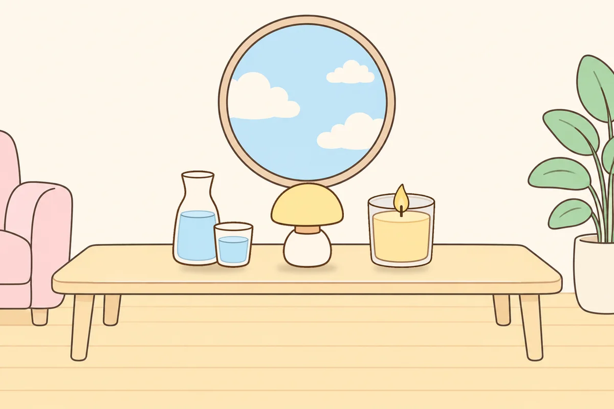 용산 여성전용 아로마 마사지 후기 안내 그림, 거실 원목 테이블 위의 물병, 무드등, 향초
