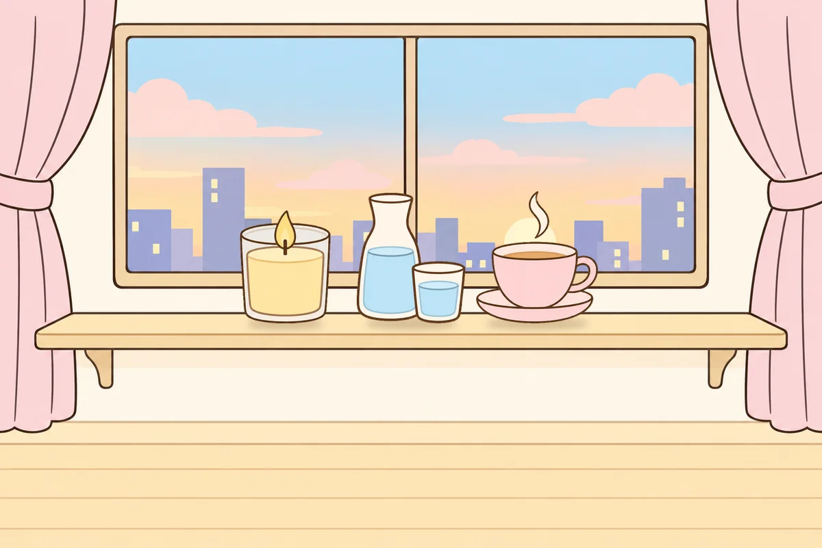용산 여성전용 바디 경락 안내 그림, 호텔 창가 선반 위의 향초, 물병, 찻잔