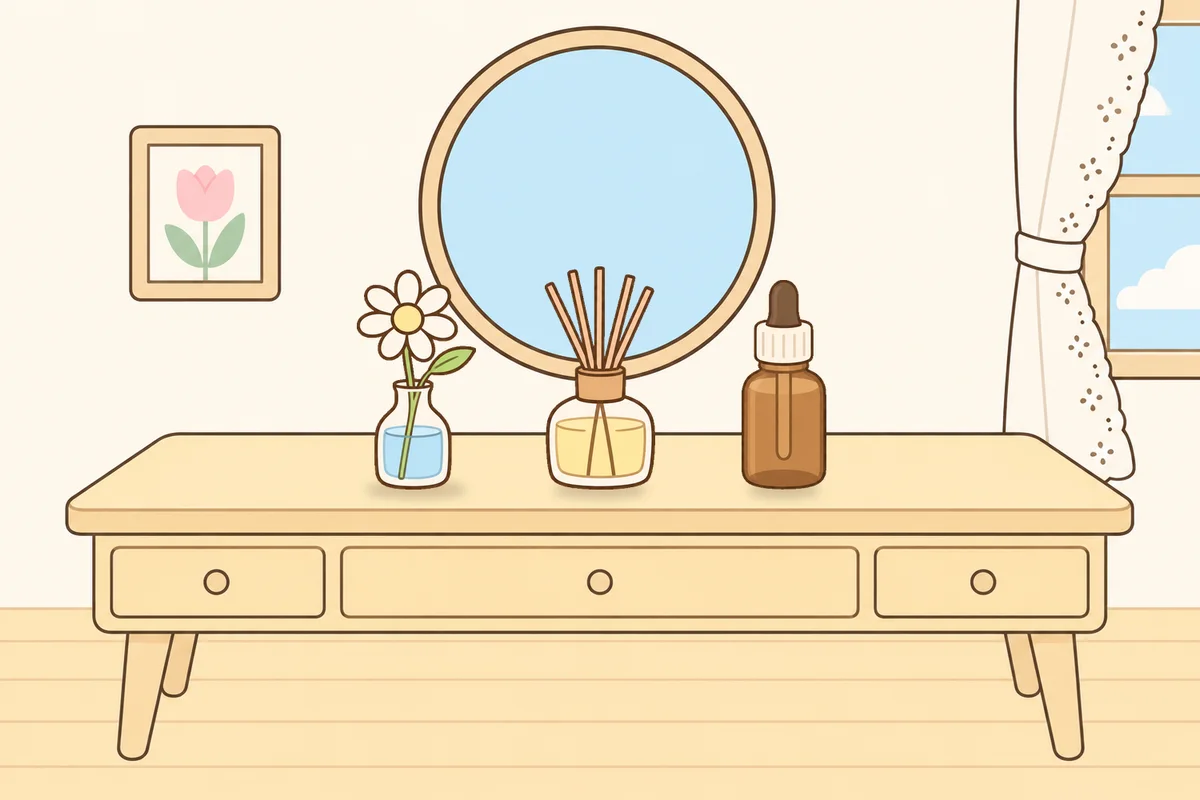 용산 여성전용 경락 가격 안내 그림, 화장대 위의 데이지 꽃병, 디퓨저, 오일병