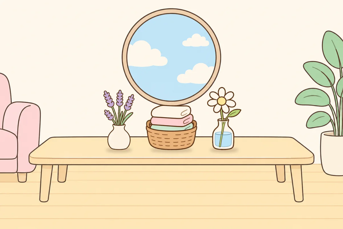 용산 여성전용 프라이빗 케어 안내 그림, 거실 원목 테이블 위의 라벤더 꽃병, 수건 바구니, 데이지 꽃병
