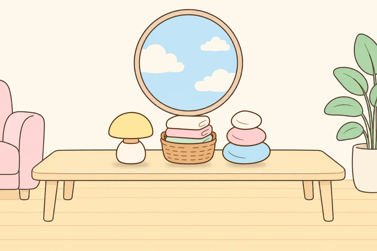 용산 여성전용 홈케어 후기 안내 그림, 거실 원목 테이블 위의 무드등, 수건 바구니, 조약돌