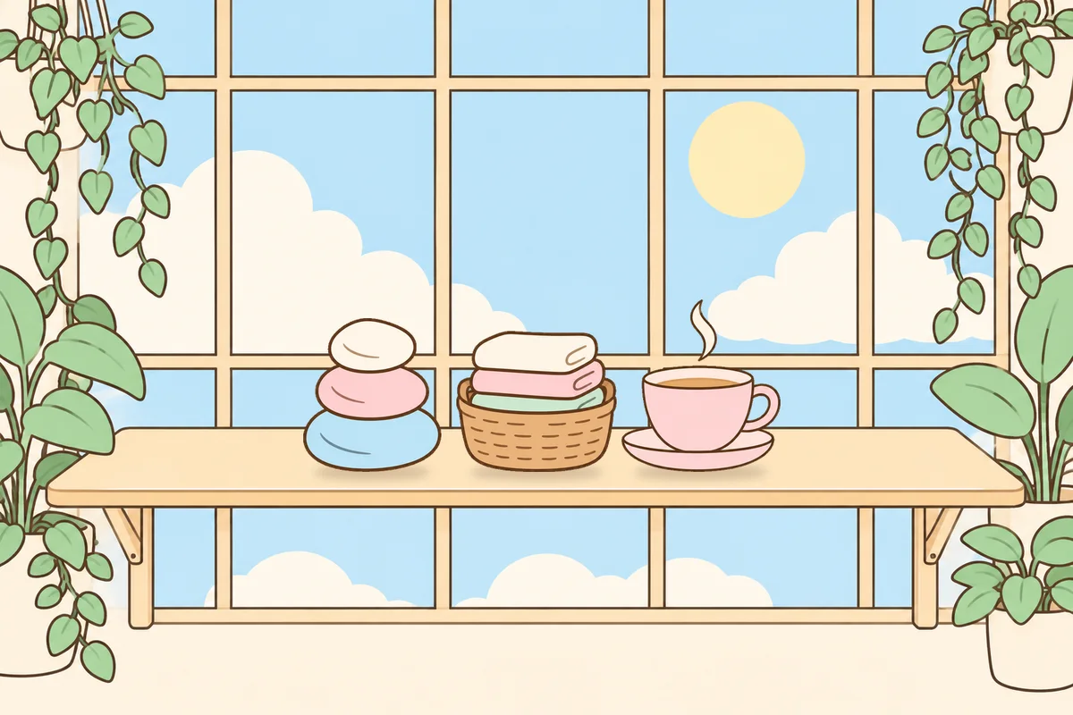 용산 여성전용 발관리 후기 안내 그림, 햇살 드는 창가 선반 위의 조약돌, 수건 바구니, 찻잔