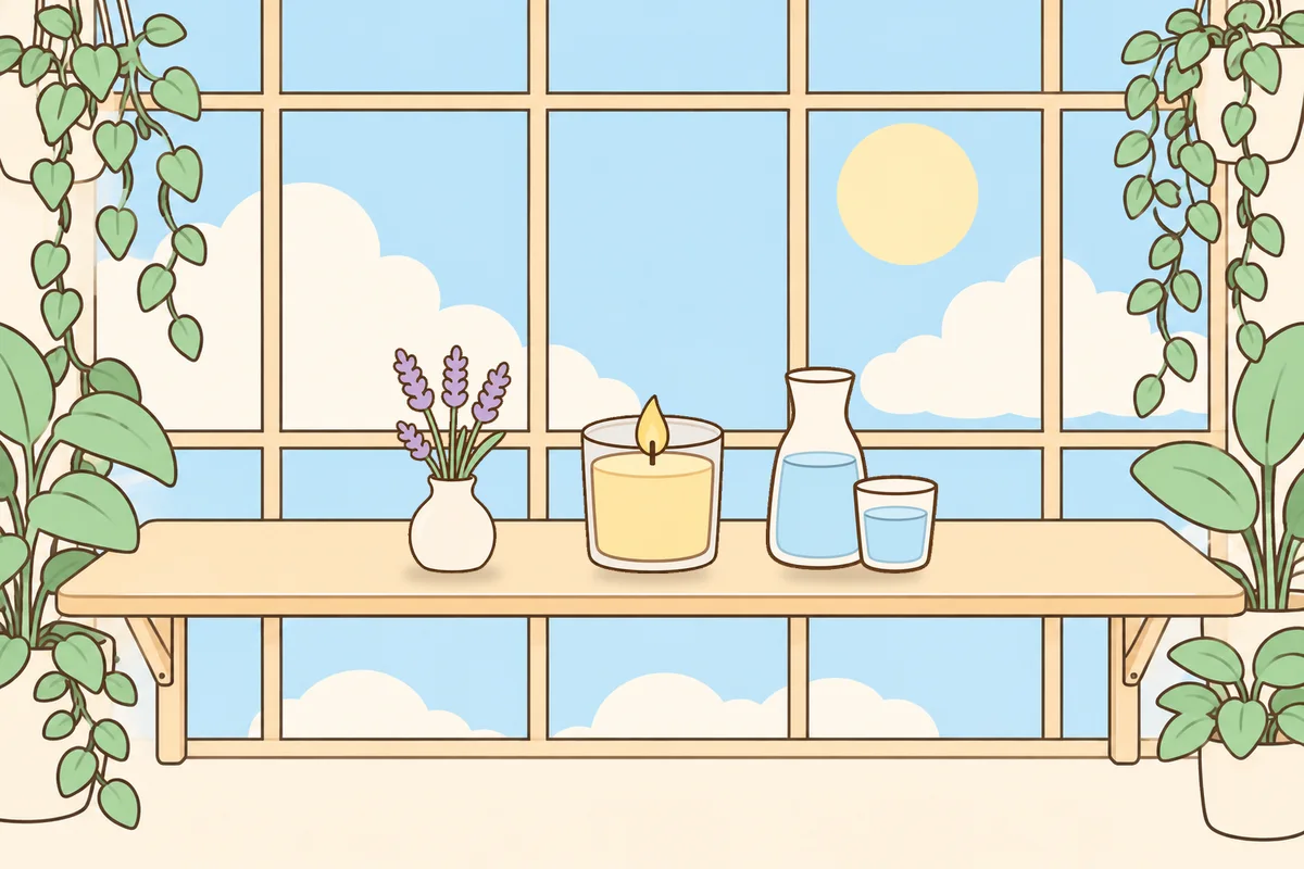 용산 여성전용 발관리 추천 안내 그림, 햇살 드는 창가 선반 위의 라벤더 꽃병, 향초, 물병