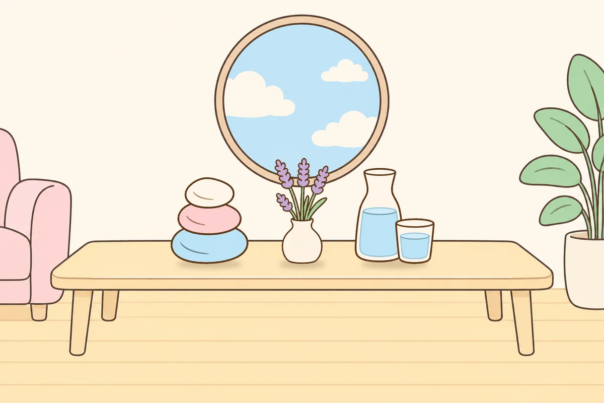 용산 여성전용 림프 마사지 안내 그림, 거실 원목 테이블 위의 조약돌, 라벤더 꽃병, 물병